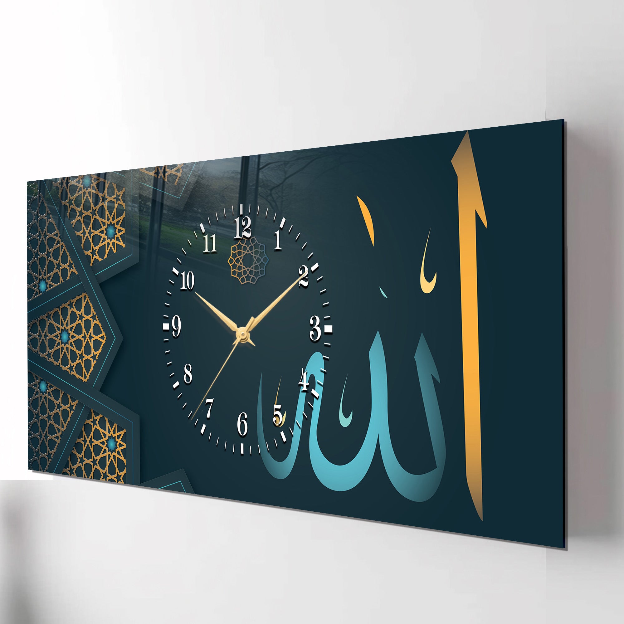 İslami Saatli Temperli Cam Tablo – Allah & Muhammed Yazılı Modern Duvar Saati, Ahşap Desenli Premium UV Baskı (Kopya)