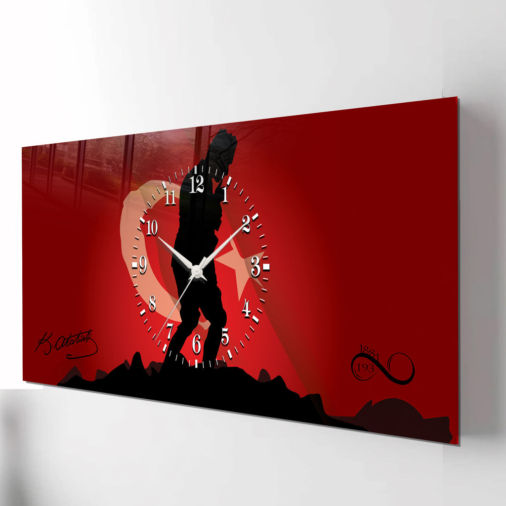 Kırmızı Türk Bayraklı Saatli Temperli Cam Saat –Atatürk Portresi  Tasarım, Premium UV Baskı Duvar Saati