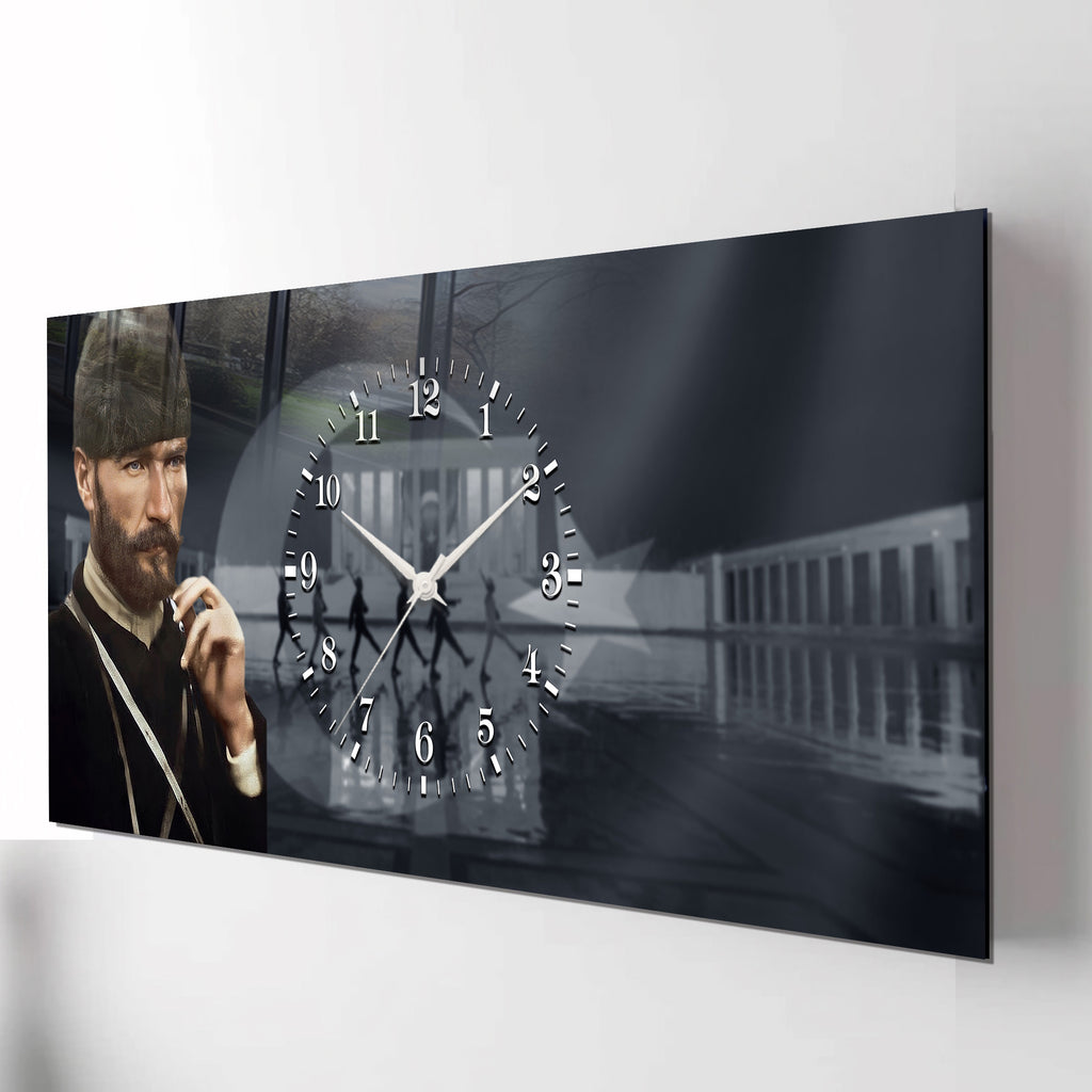 Anıtkabir Temalı Temperli Cam Saat –Atatürk Portresi  Tasarım, Premium UV Baskı Duvar Saati