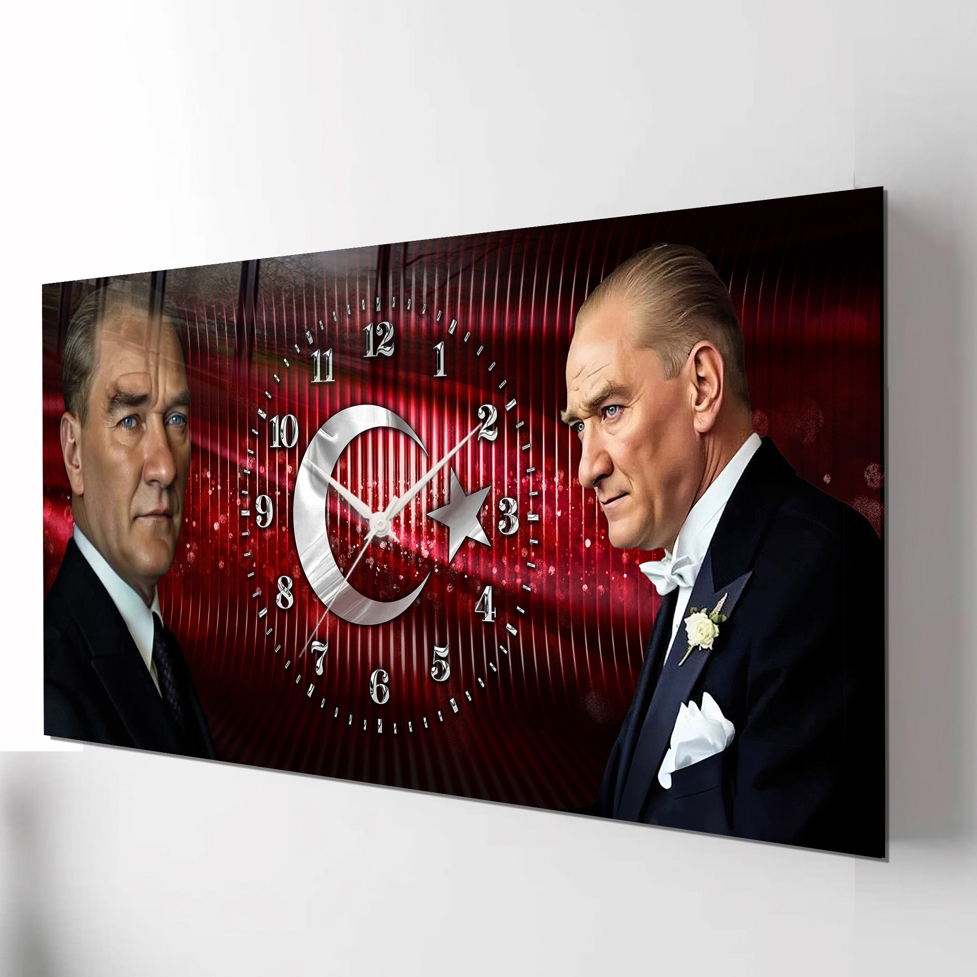 Kırmızı Türk Bayraklı Saatli Temperli Cam Saat –Atatürk Portresi  Tasarım, Premium UV Baskı Duvar Saati
