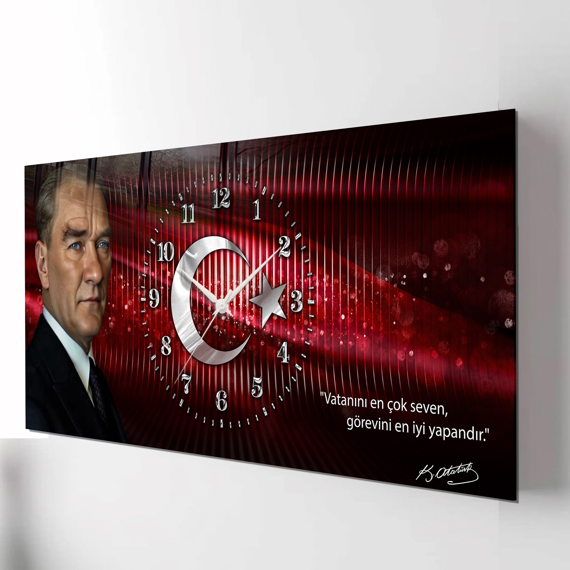 Kırmızı Türk Bayraklı Saatli Temperli Cam Saat –Atatürk Portresi  Tasarım, Premium UV Baskı Duvar Saati (Kopya) (Kopya) (Kopya)