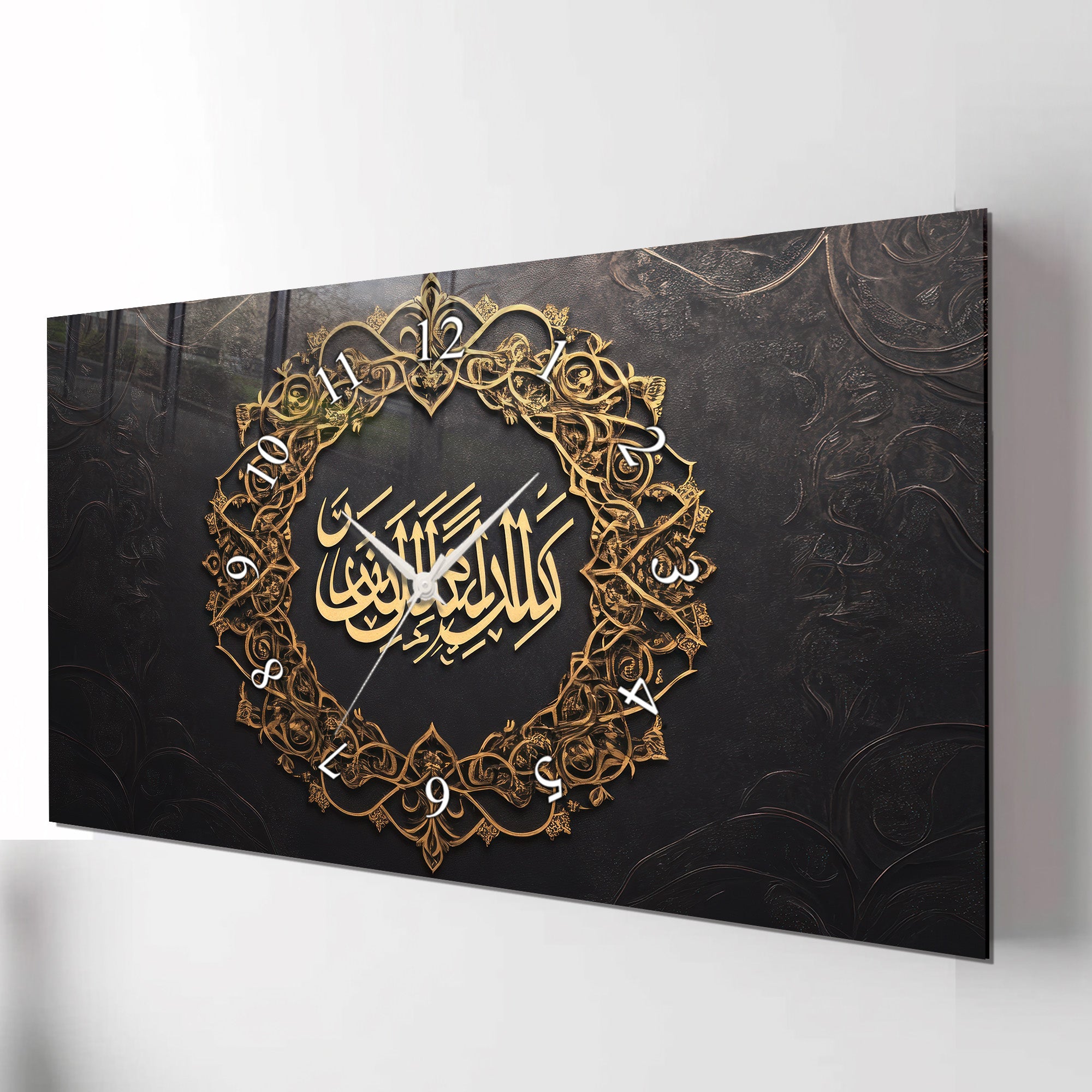Temperlenmiş Cam İslami Duvar Saati – “Lâ İlâhe İllAllâh” Hat Sanatı, Siyah Altın Asil Dekor