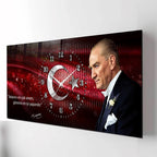 Kırmızı Türk Bayraklı Saatli Temperli Cam Saat –Atatürk Portresi  Tasarım, Premium UV Baskı Duvar Saati (Kopya) (Kopya) (Kopya)