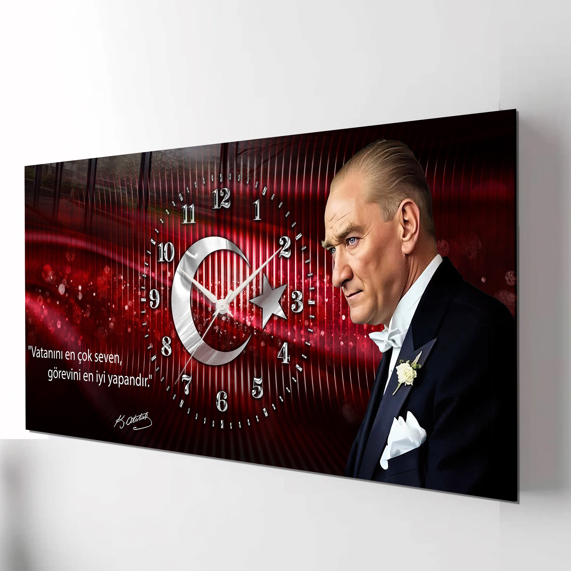 Kırmızı Türk Bayraklı Saatli Temperli Cam Saat –Atatürk Portresi  Tasarım, Premium UV Baskı Duvar Saati (Kopya) (Kopya) (Kopya)
