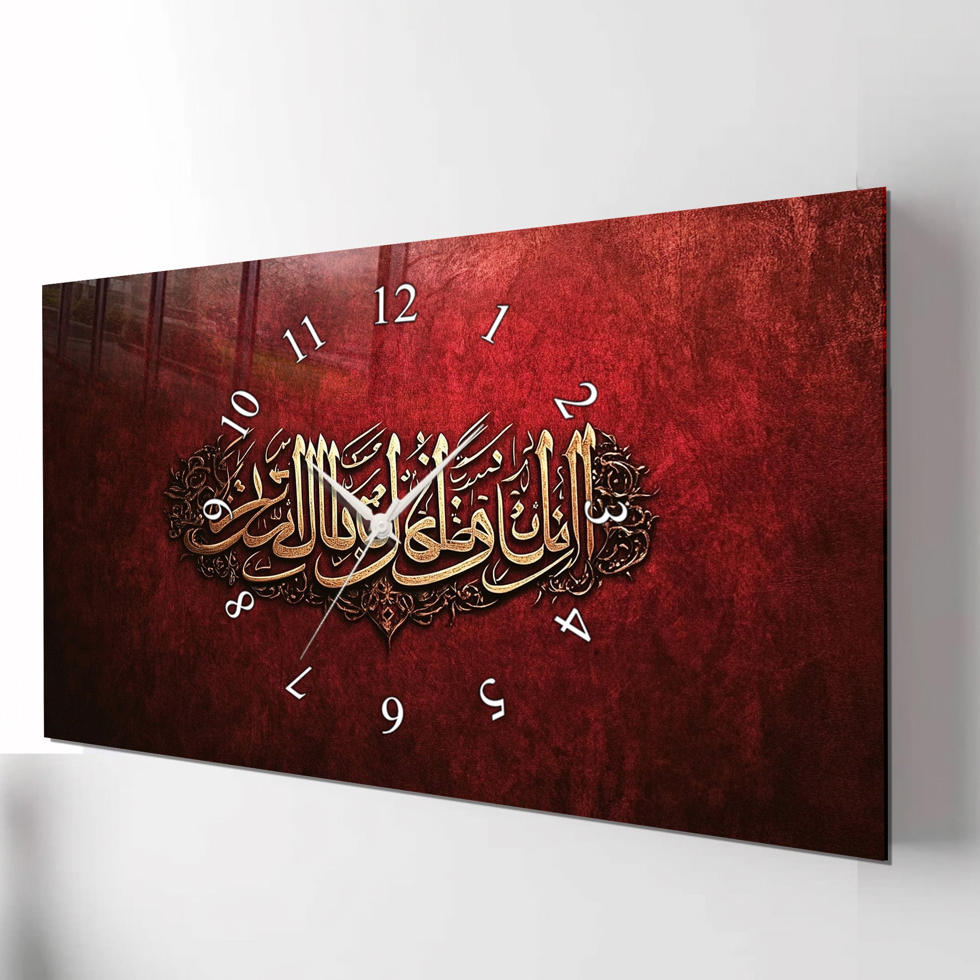Temperli Cam İslami Duvar Saati –Temperli Cam Duvar Saati – Bismillahirrahmanirrahim Hat Sanatı, Kırmızı Altın İslami Dekor