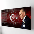 Kırmızı Türk Bayraklı Saatli Temperli Cam Tablo –Atatürk Portresi Ve Gençliğe Hitabe Tasarım, Premium UV Baskı Duvar Saati (Kopya) (Kopya)