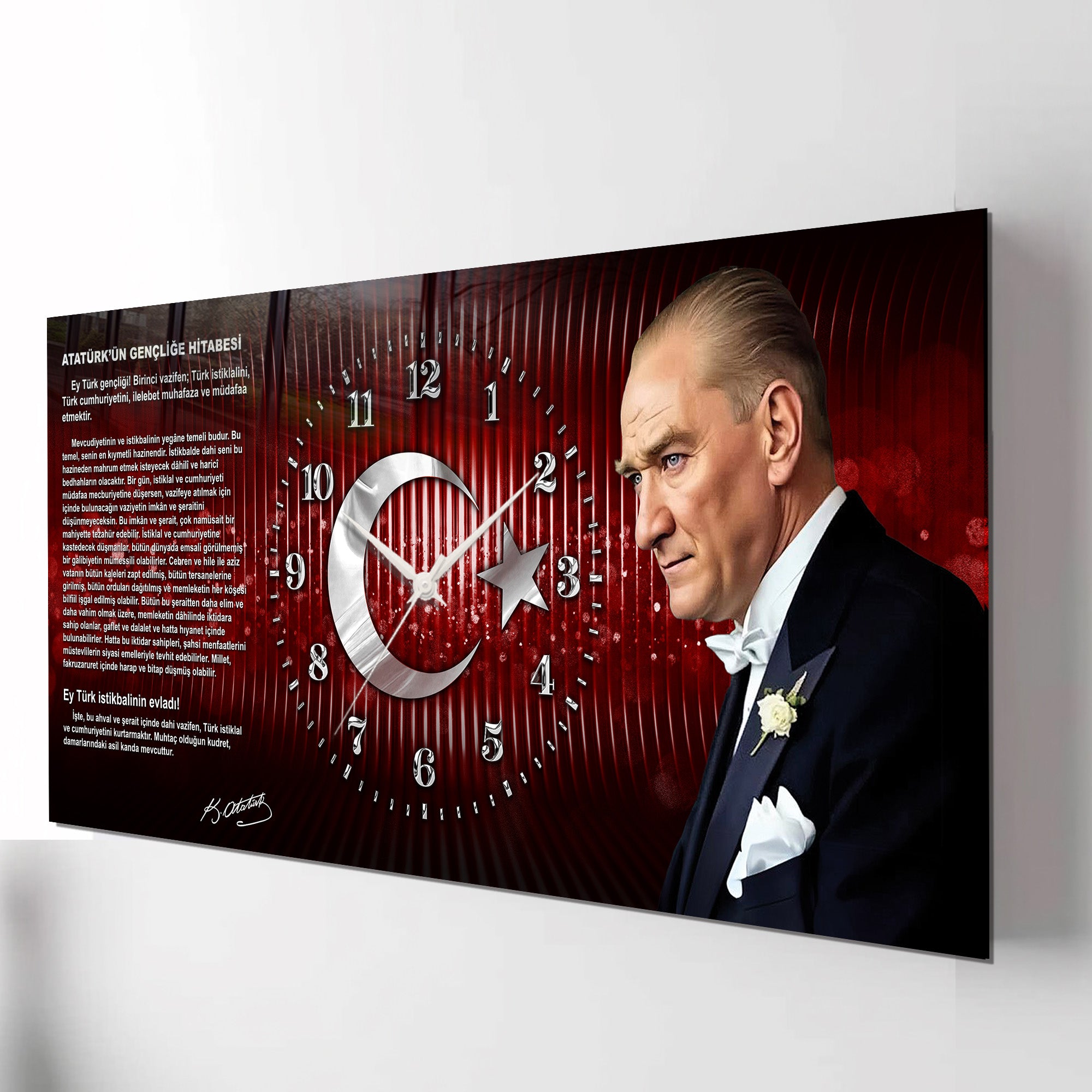 Kırmızı Türk Bayraklı Saatli Temperli Cam Tablo –Atatürk Portresi Ve Gençliğe Hitabe Tasarım, Premium UV Baskı Duvar Saati (Kopya) (Kopya)