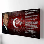 Kırmızı Türk Bayraklı Saatli Temperli Cam Tablo –Atatürk Portresi Ve Gençliğe Hitabe Tasarım, Premium UV Baskı Duvar Saati (Kopya)