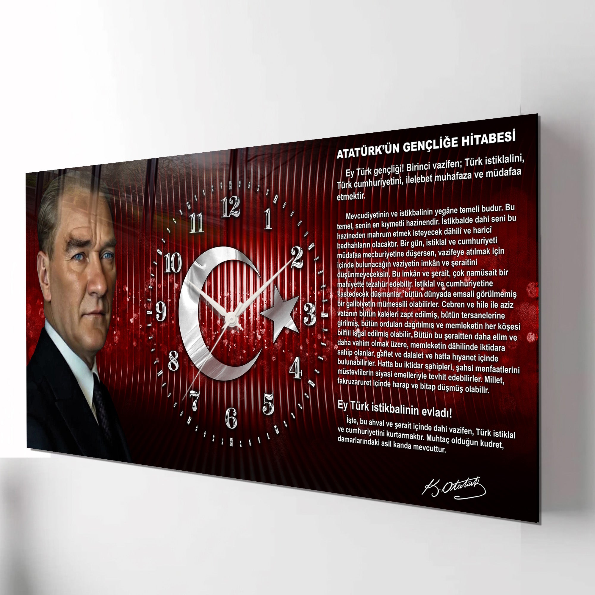 Kırmızı Türk Bayraklı Saatli Temperli Cam Tablo –Atatürk Portresi Ve Gençliğe Hitabe Tasarım, Premium UV Baskı Duvar Saati (Kopya)