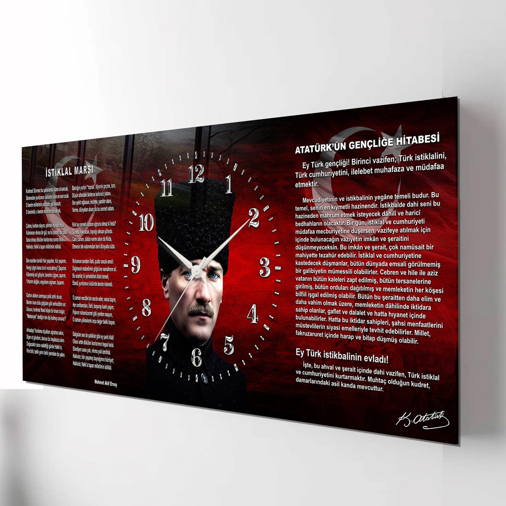 Kırmızı Türk Bayraklı Saatli Temperli Cam Tablo –İstiklal marşe ve Gençliğe Hitabe Atatürk Portre Tasarım, Premium UV Baskı Duvar Saati