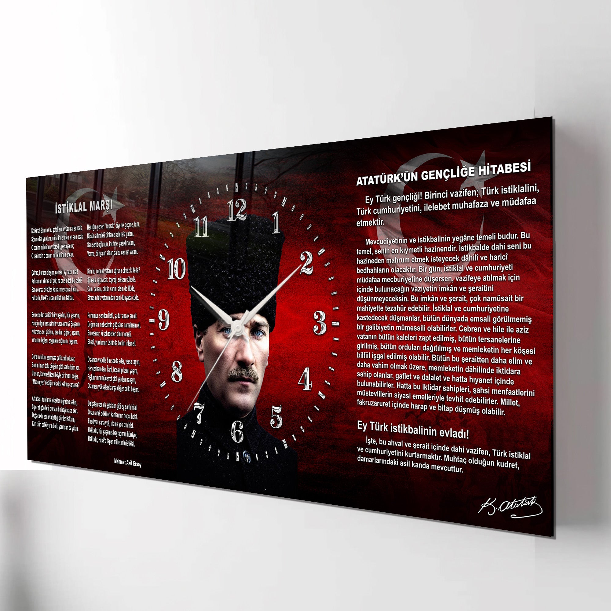 Kırmızı Türk Bayraklı Saatli Temperli Cam Tablo –İstiklal marşe ve Gençliğe Hitabe Atatürk Portre Tasarım, Premium UV Baskı Duvar Saati