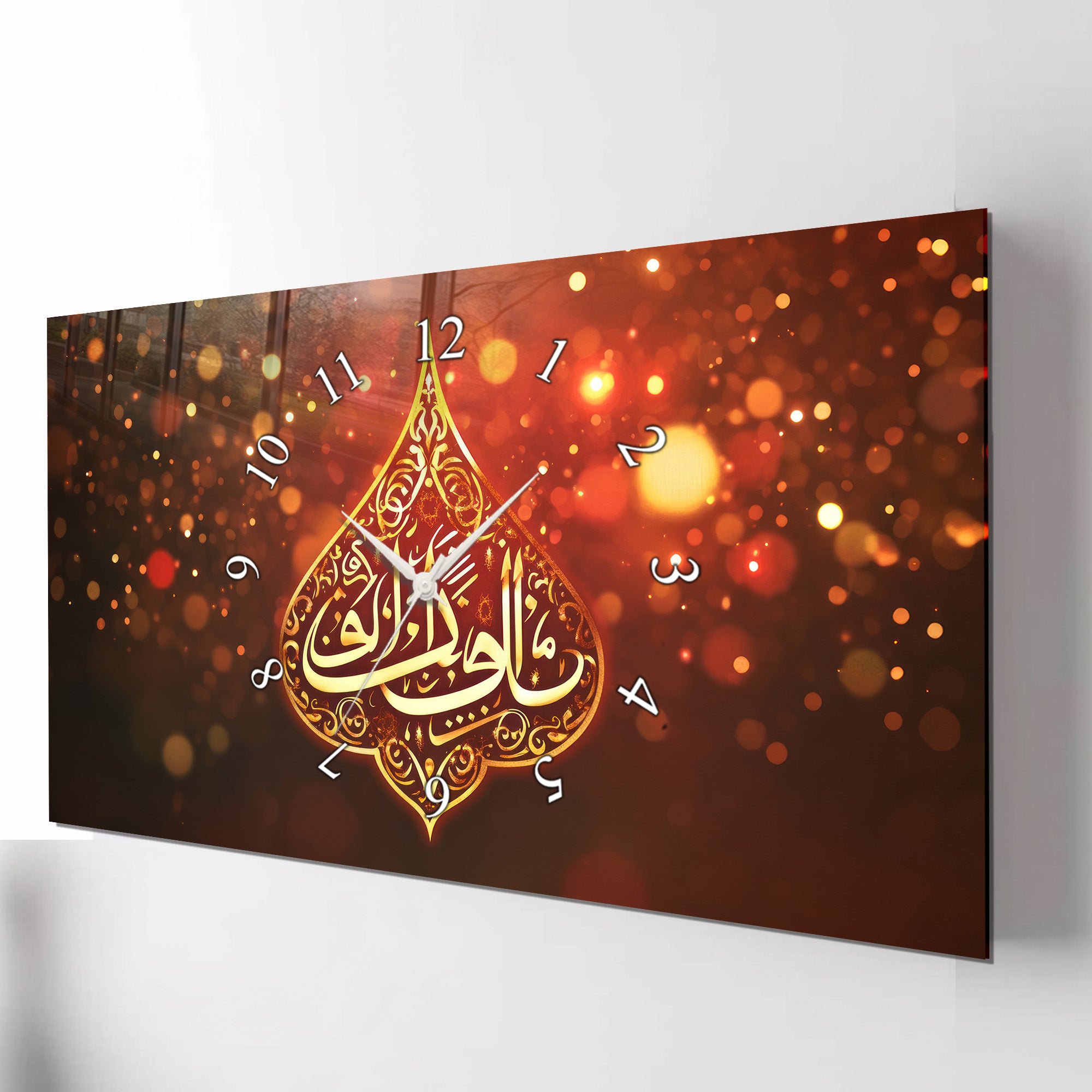 Temperli Cam İslami Motifli Duvar Saati –MâşâAllah Hat Sanatı, Altın Kırmızı Işıltılı İslami Dekor