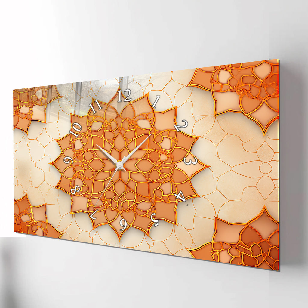 Temperli Cam İslami Duvar Saati –İslami Geometrik Desen, Turuncu Mandala Motifli Modern Deko
