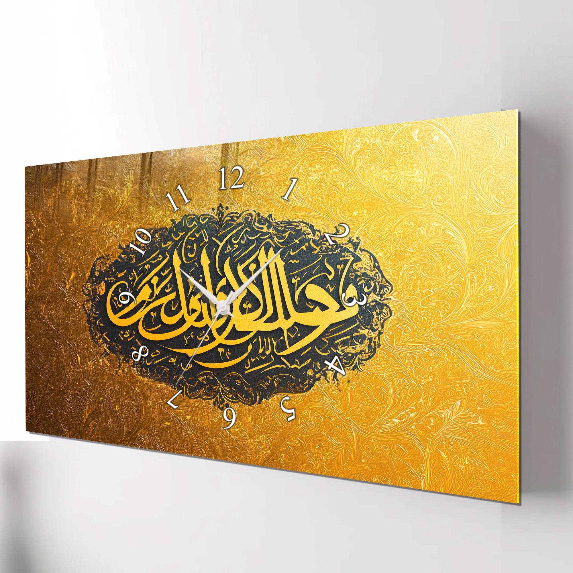 Temperli Cam İslami Duvar Saati –Temperli Cam Duvar Saati – Ve Mâ Tevfîkî İllâ Billâh Hat Sanatı, Altın Siyah İslami Dekor