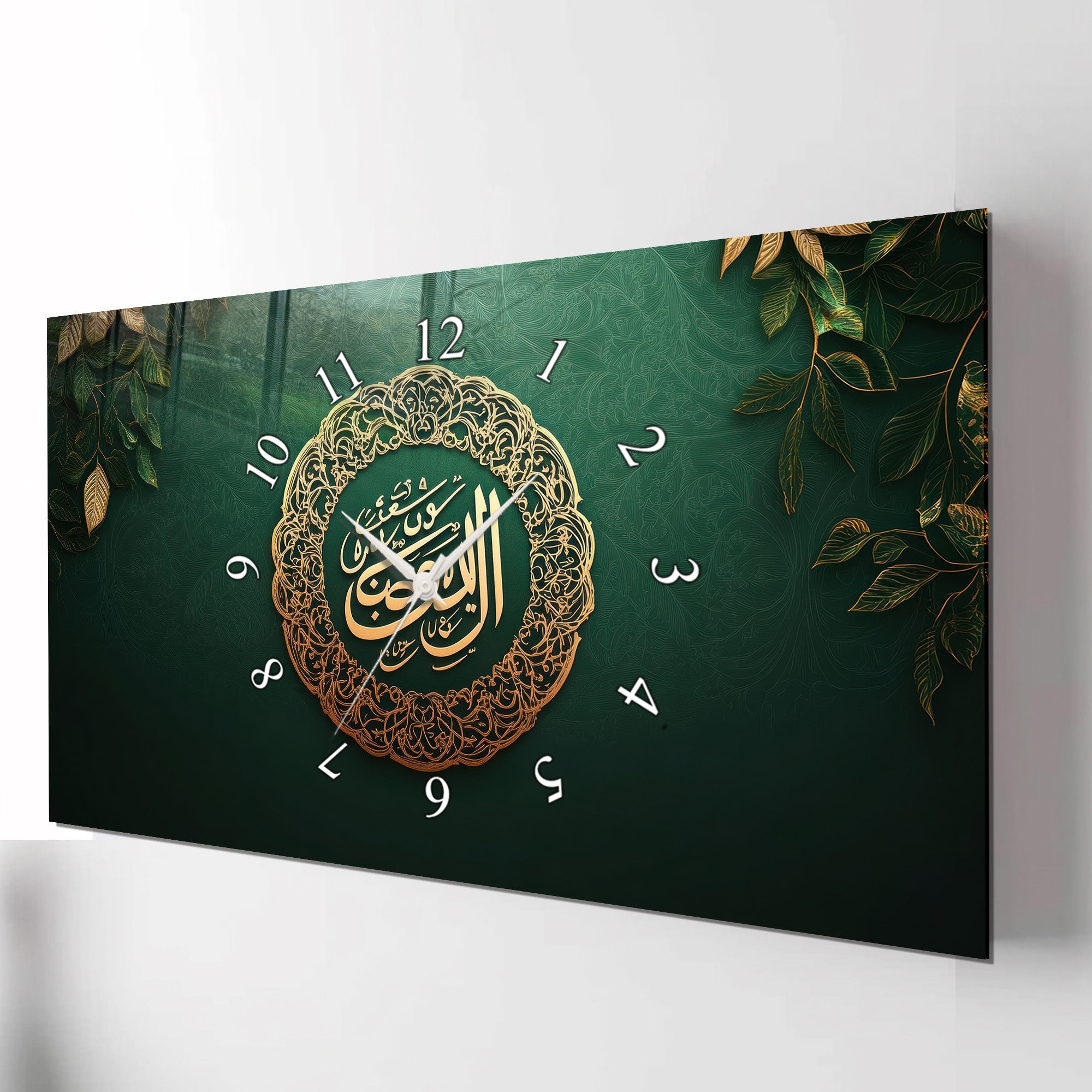 Temperli Cam İslami Duvar Saati – Hz. Muhammed (S.A.V.) Hat Sanatı, Yeşil Altın İslami Dekor