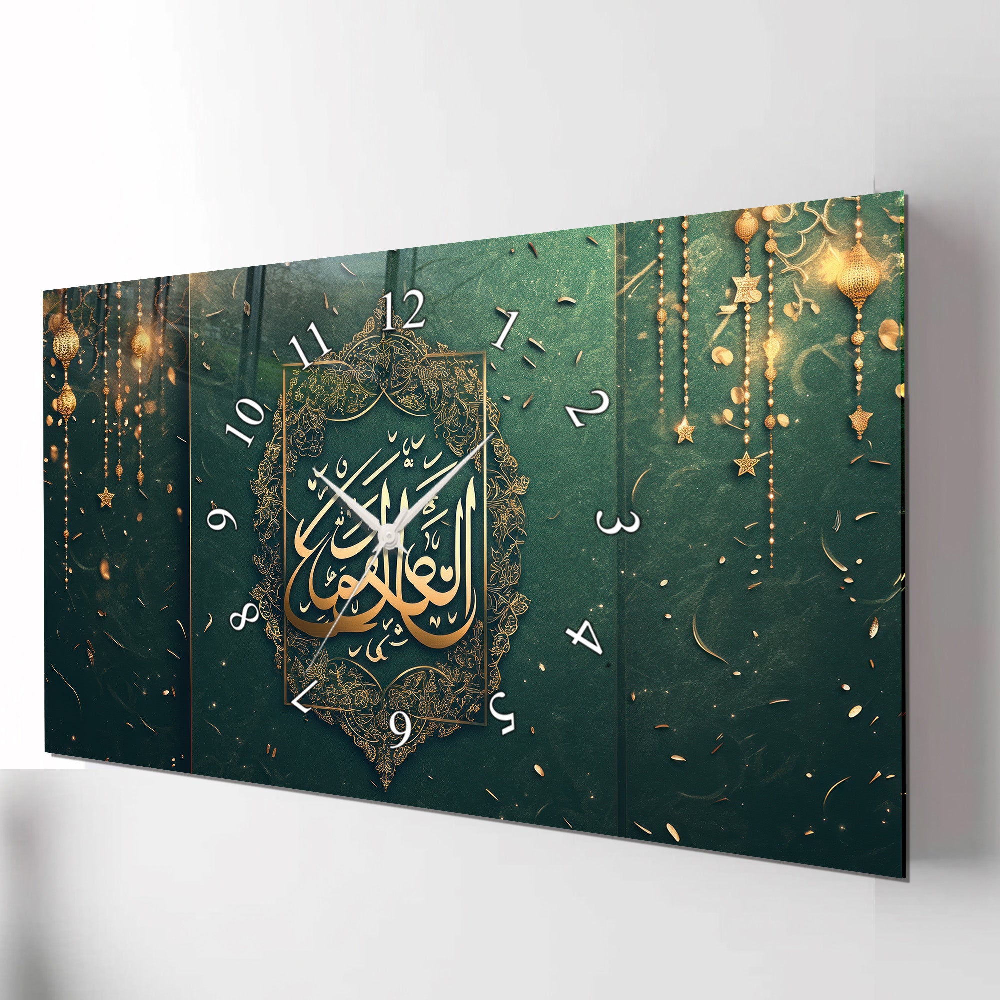 Temperli Cam İslami Duvar Saati – Allahu’l-Kerîm Hat Sanatı, Yeşil Altın 3 Parçalı İslami Dekor