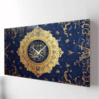 Temperli Cam İslami Duvar Saati – Ayetel Kürsi” Altın Hat Sanatı, Lacivert İslami Dekor