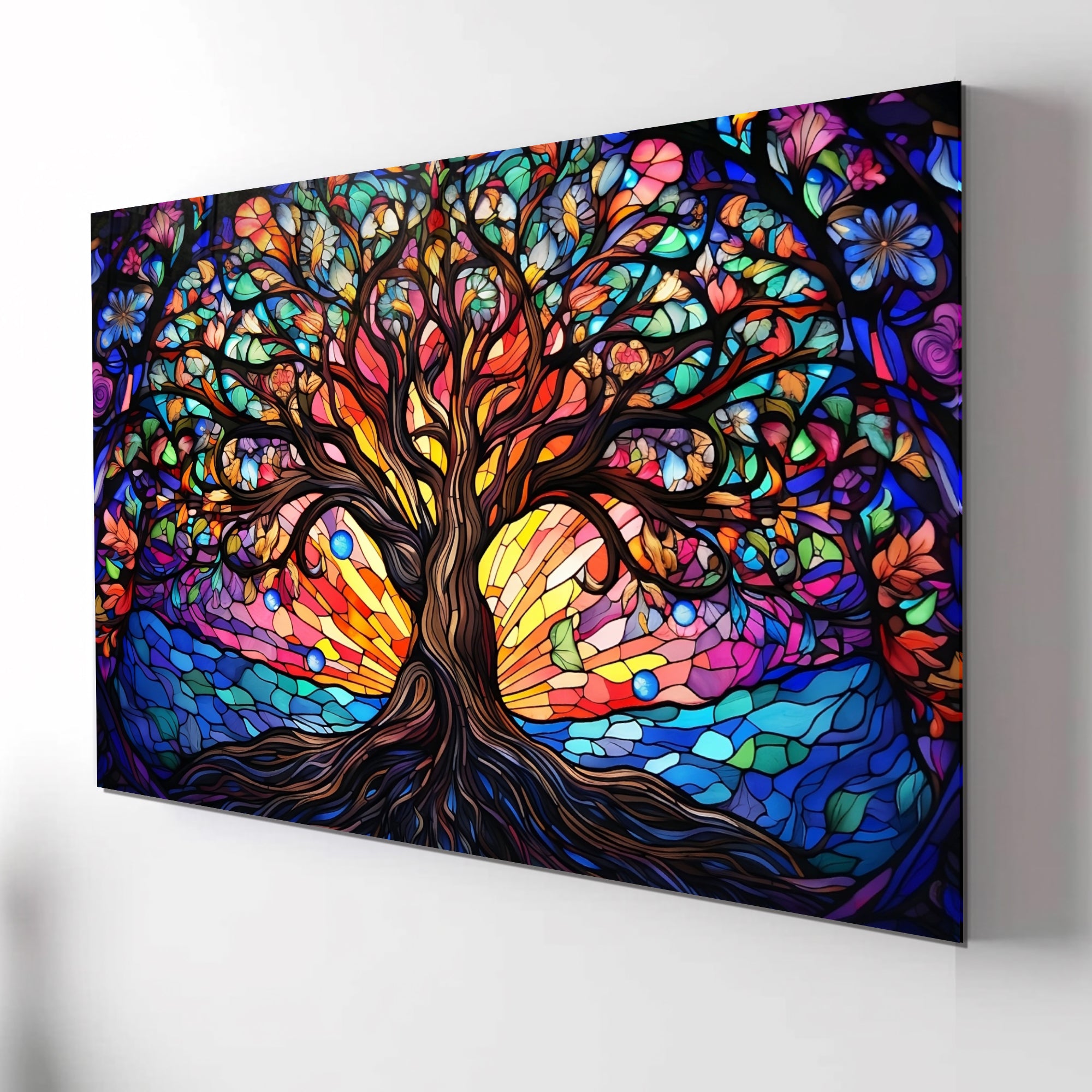 Ağaç Temalı Vitray Görünümlü Temperli Cam Tablo – Renkli Doğa Duvar Dekoru