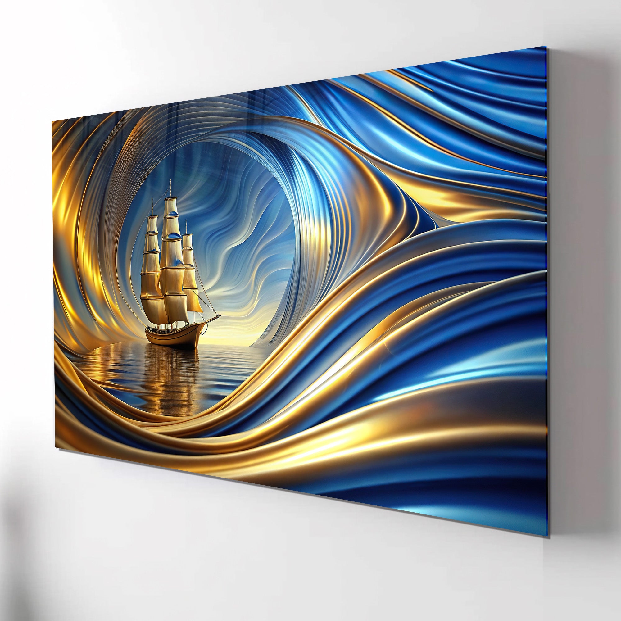 Temperli Cam Duvar Tablosu – Altın Mavi Soyut Gemi Dekor