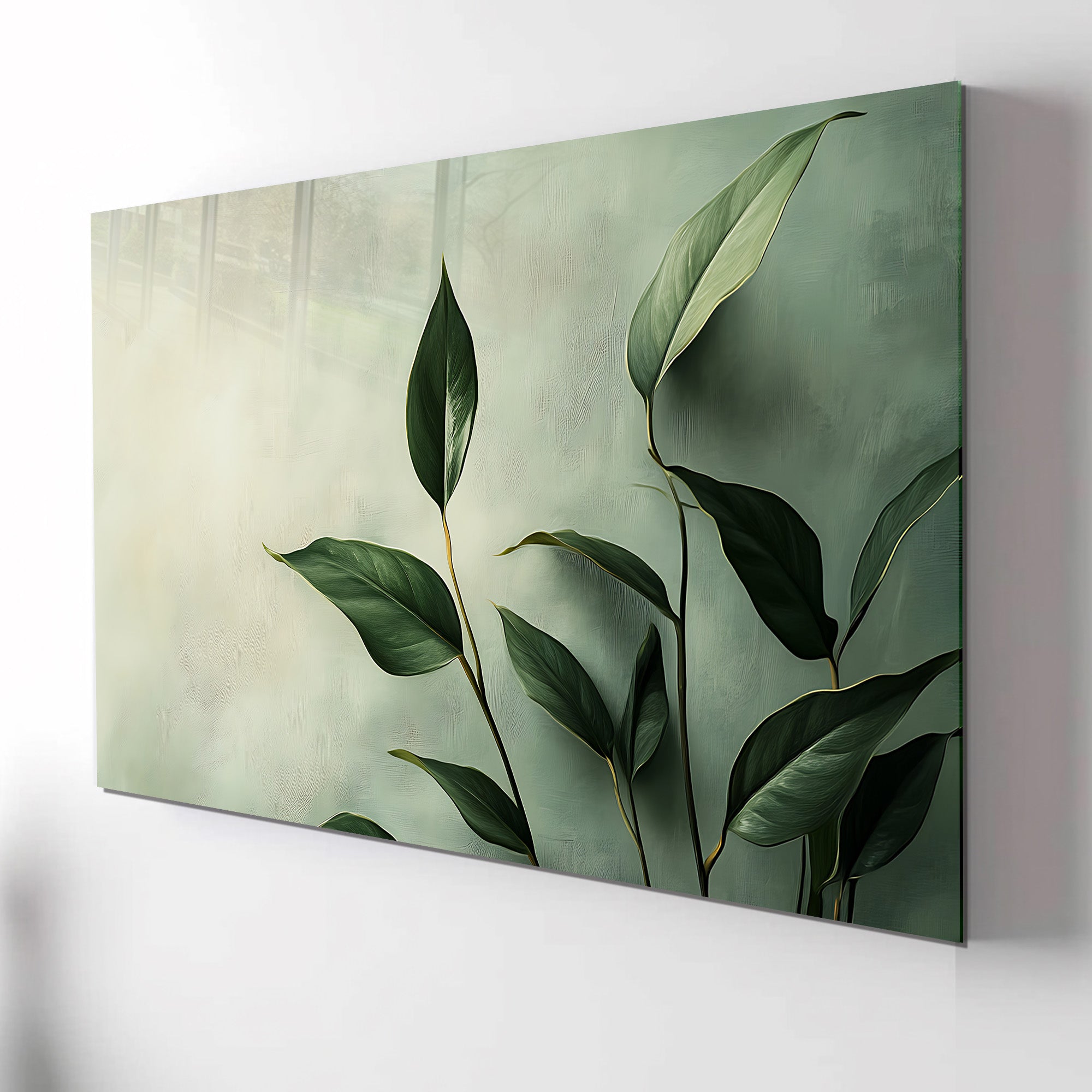 Temperli Cam Duvar Tablosu – Yeşil yapraklar Dekoru