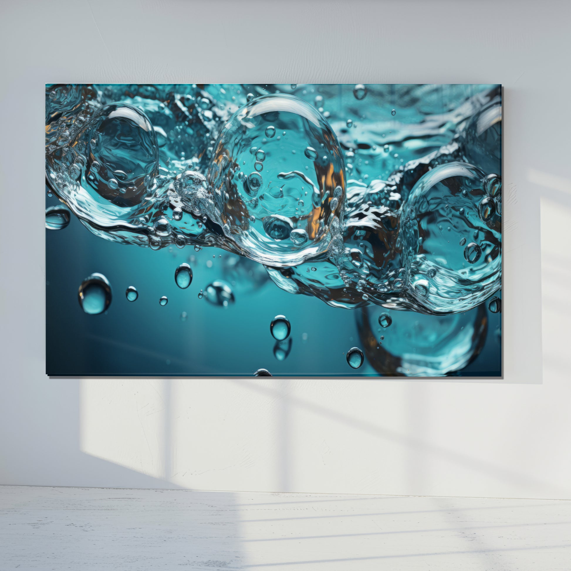 Water Bubbles Abstract Glass Wall Art – Modern Blue Fluid Design on Tempered Glass