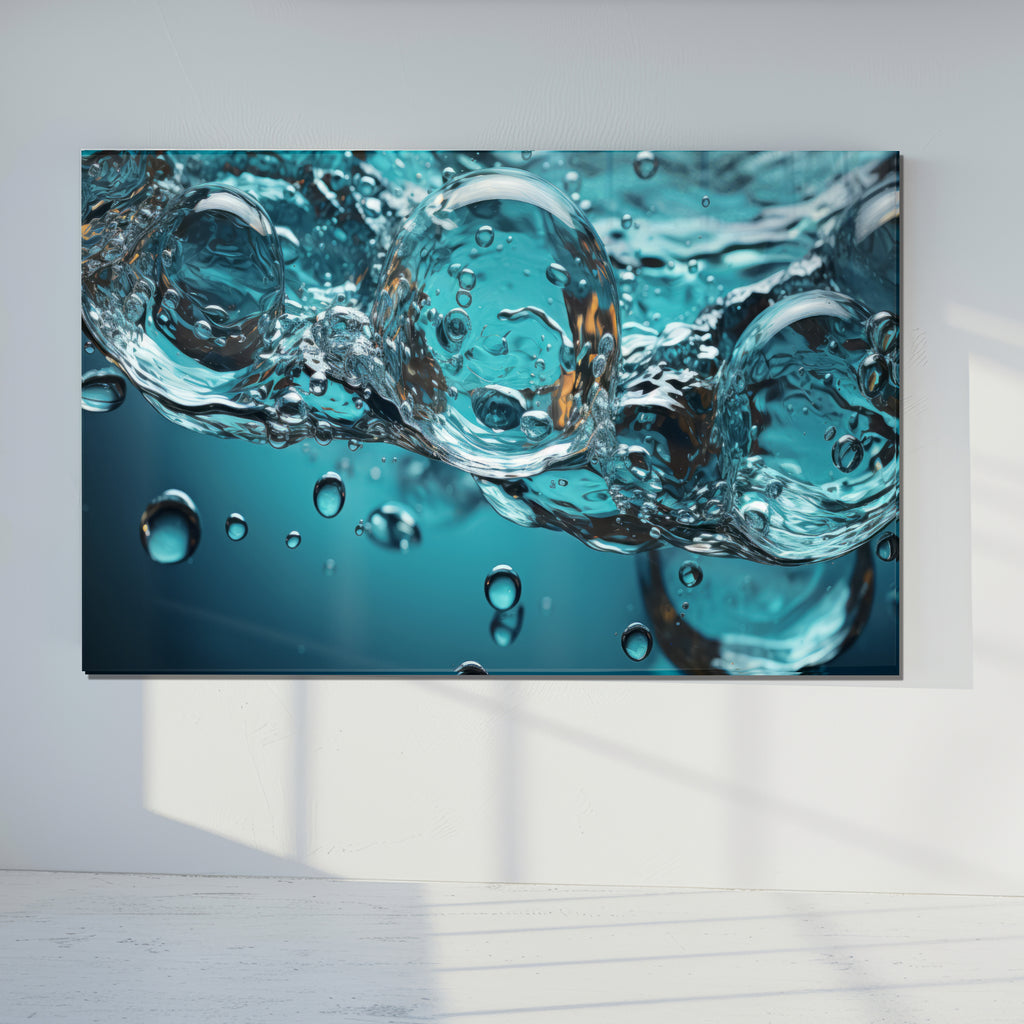 Water Bubbles Abstract Glass Wall Art – Modern Blue Fluid Design on Tempered Glass