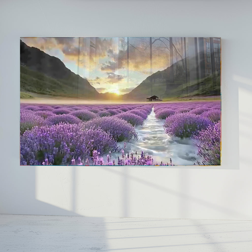 Lavender Field Glass Wall Art, Sunset Landscape Tempered Glass Print, Nature Wall Decor, Purple Floral Glass Panel, Relaxing Scenic Art