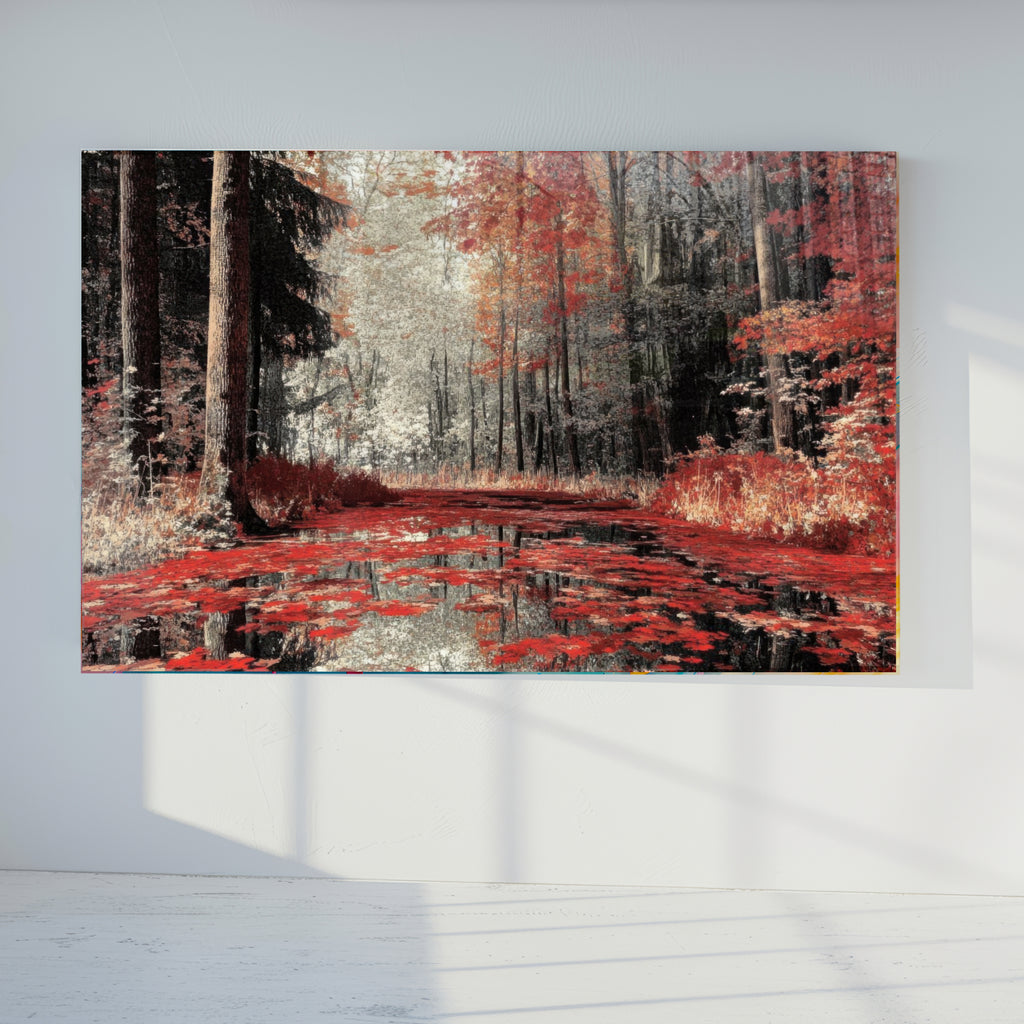 Autumn Forest Glass Wall Art, Red Foliage Tempered Glass Print, Fall Landscape Wall Decor, Tranquil Nature Glass Panel, Seasonal Home Art