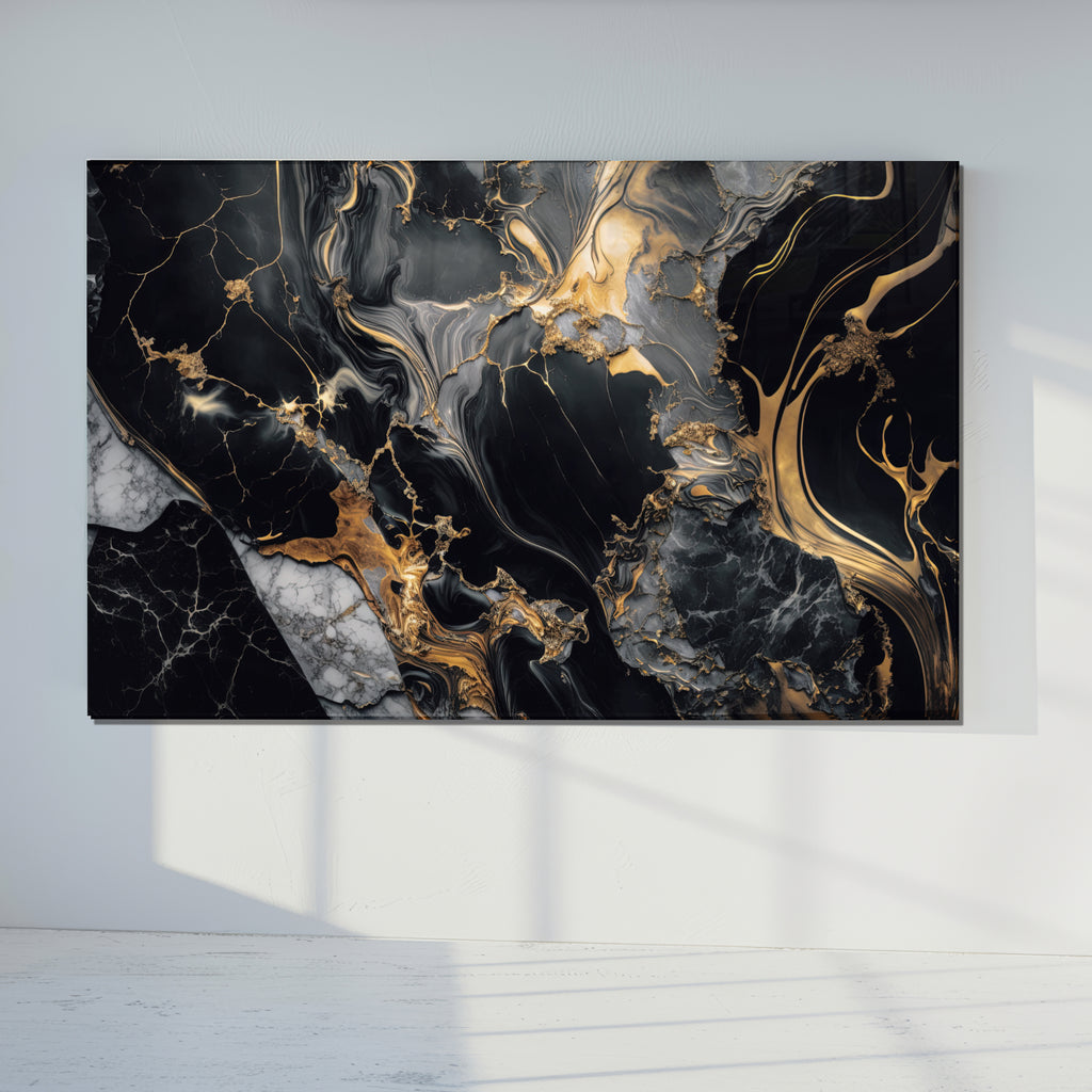 Black Gold Marble Themed Tempered Glass Wall Art – Framed or Frameless - Luxury Glossy Panel -Stained Glass Wall Art - Marble Themed Glass Backsplash