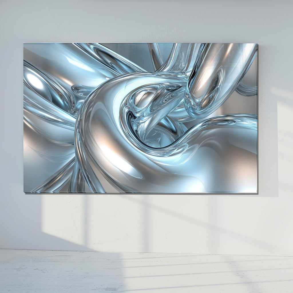 Abstract Chrome Glass Wall Art – Metallic Fluid Design on Tempered Glass
