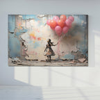 Kız ve Balonlar Temalı Temperli Cam Tablo – Modern Sokak Sanatı Tarzı, Renkli Duvar Dekoru