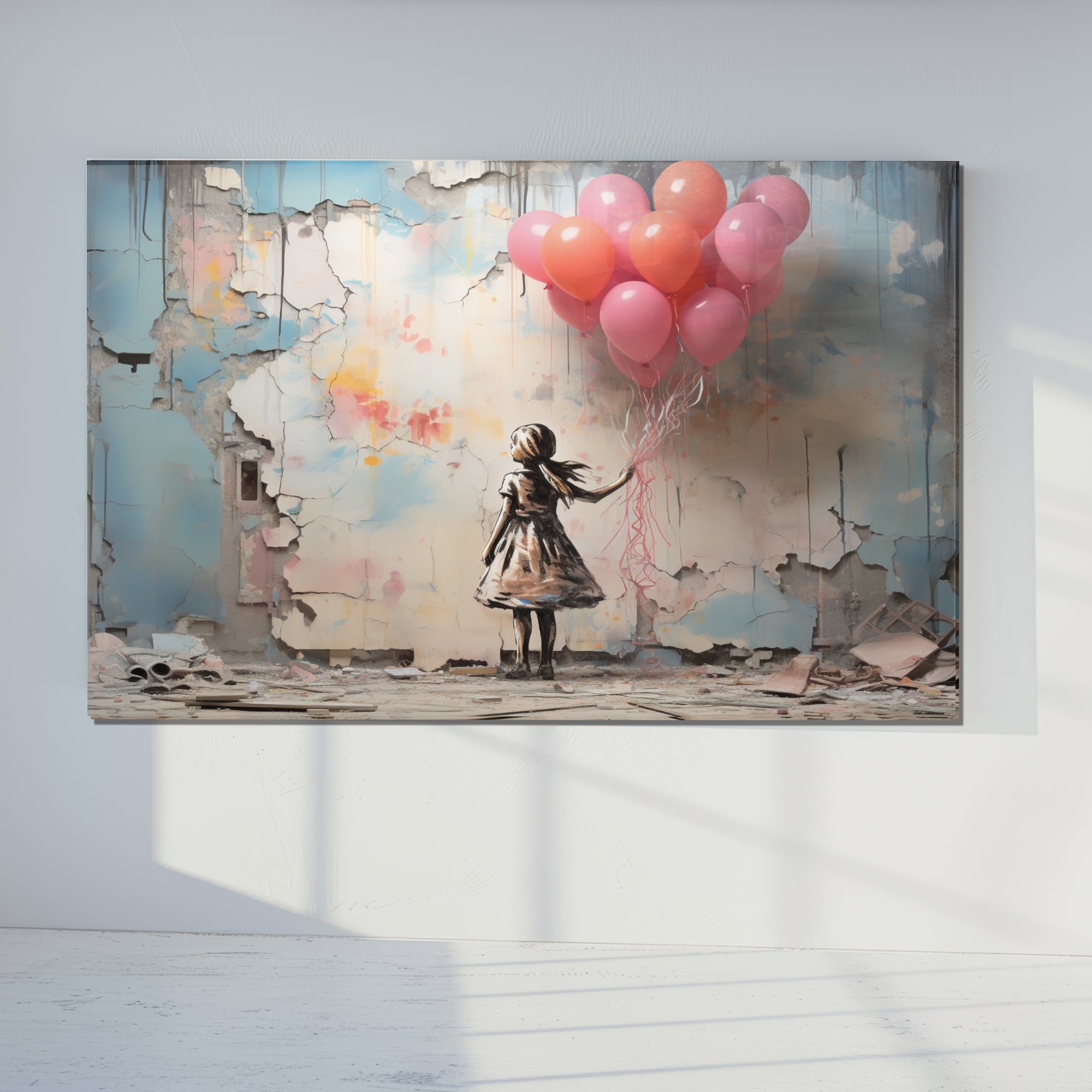 Kız ve Balonlar Temalı Temperli Cam Tablo – Modern Sokak Sanatı Tarzı, Renkli Duvar Dekoru