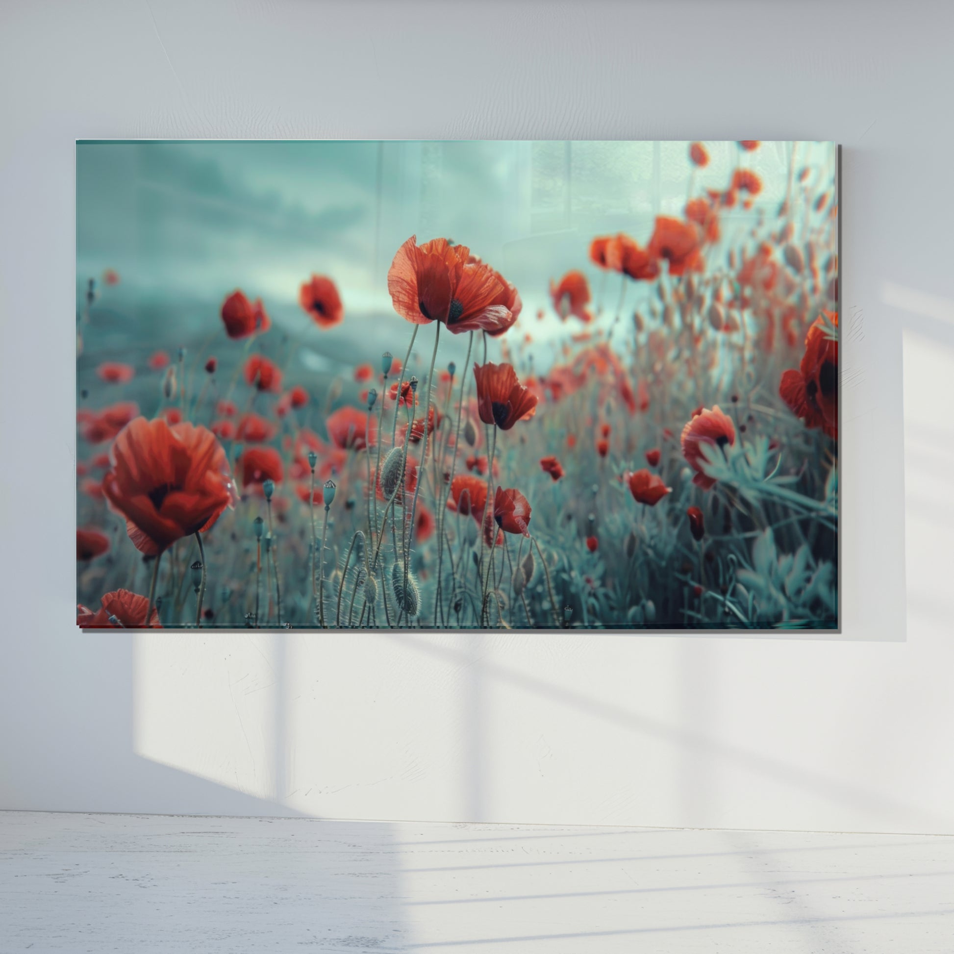Poppy Flower Field Glass Wall Art – Botanical Nature Scene on Tempered Glass