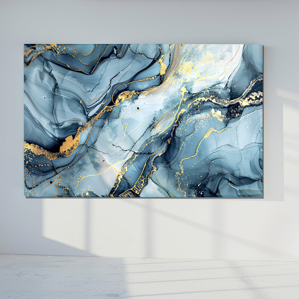 Blue Gold Marble Themed Tempered Glass Wall Art – Framed or Frameless - Luxury Glossy Panel -Stained Glass Wall Art - Marble Themed Glass Backsplash (Copy)