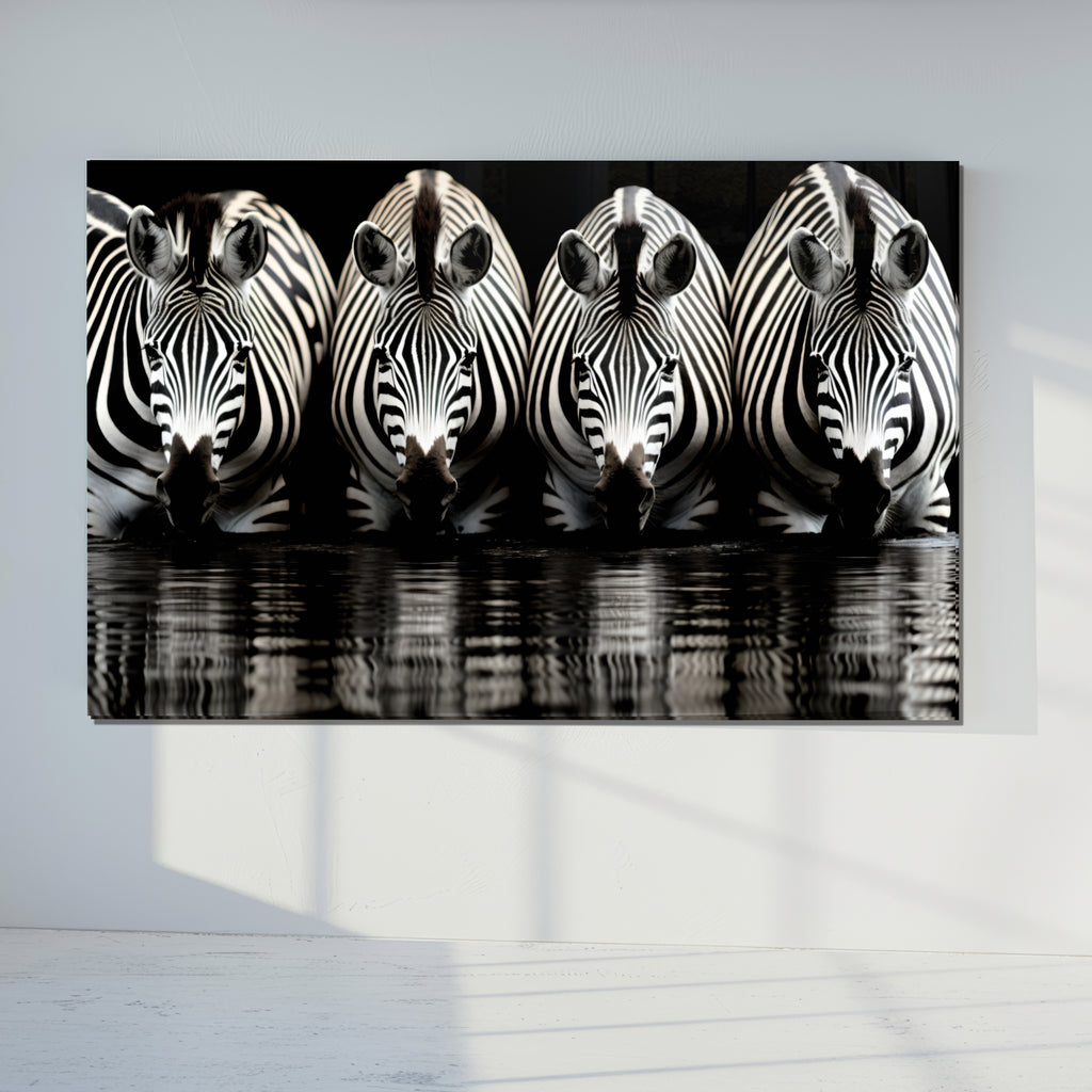 Zebra Reflections Wall Art – Monochrome Wildlife Print on Tempered Glass