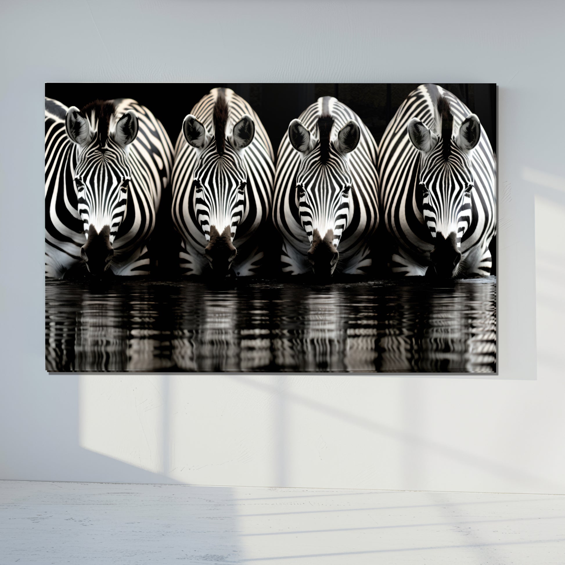 Zebra Reflections Wall Art – Monochrome Wildlife Print on Tempered Glass