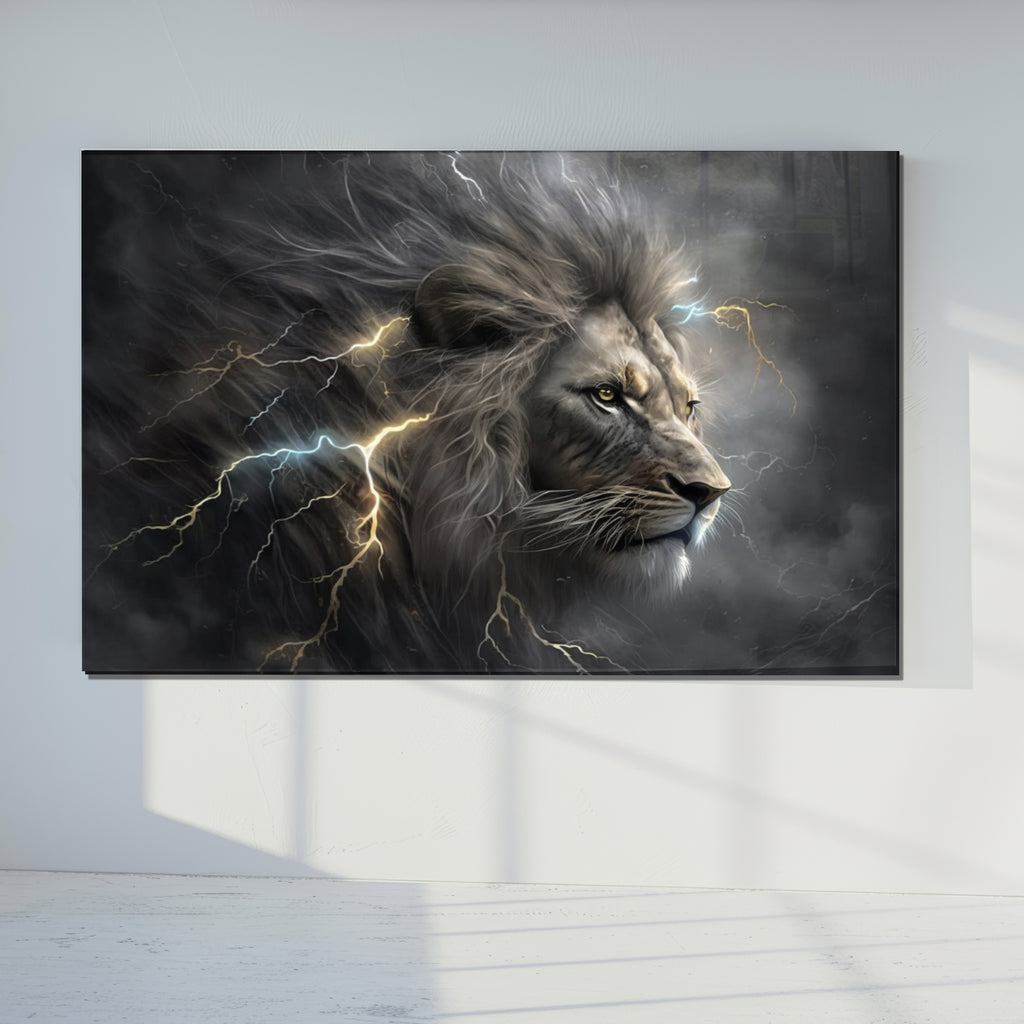 Powerful Lion Wall Art, Electric Storm Lion, Tempered Glass Animal Art, Lightning Lion Print, Bold Safari Wall Decor
