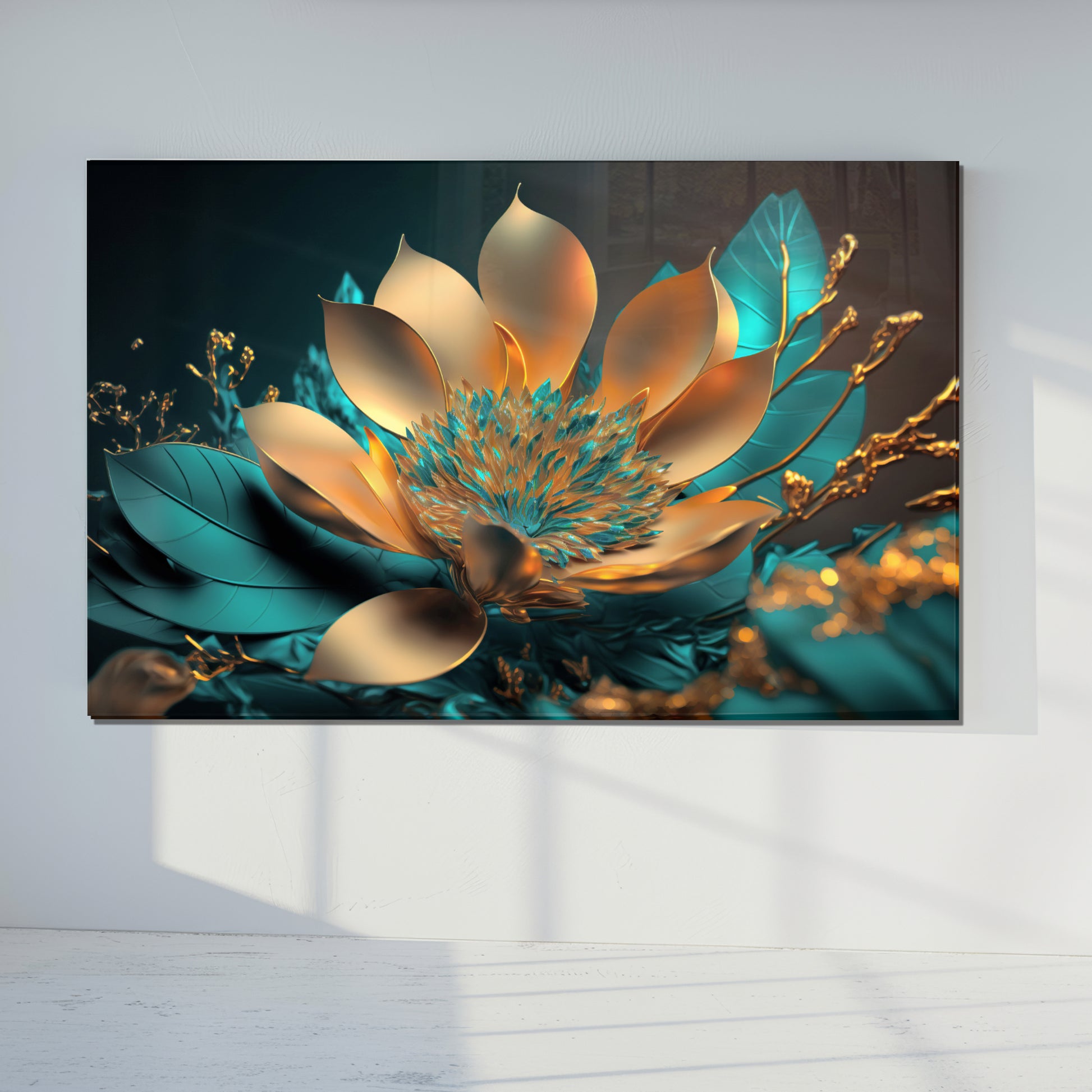 Golden Turquoise Flower Glass Wall Art – Luxury Floral Panel on Tempered Glass