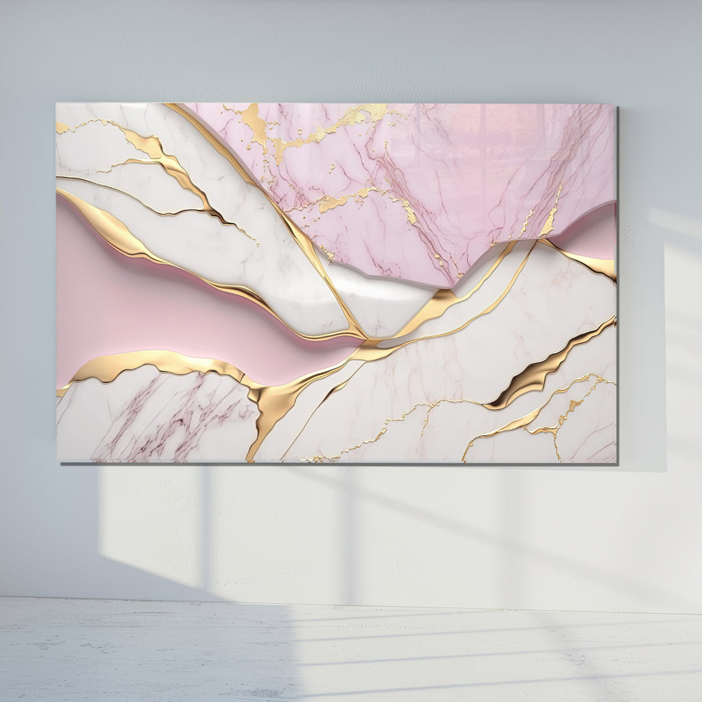 Pink Gold Marble Themed Tempered Glass Wall Art – Framed or Frameless - Luxury Glossy Panel -Stained Glass Wall Art - Marble Themed Glass Backsplash