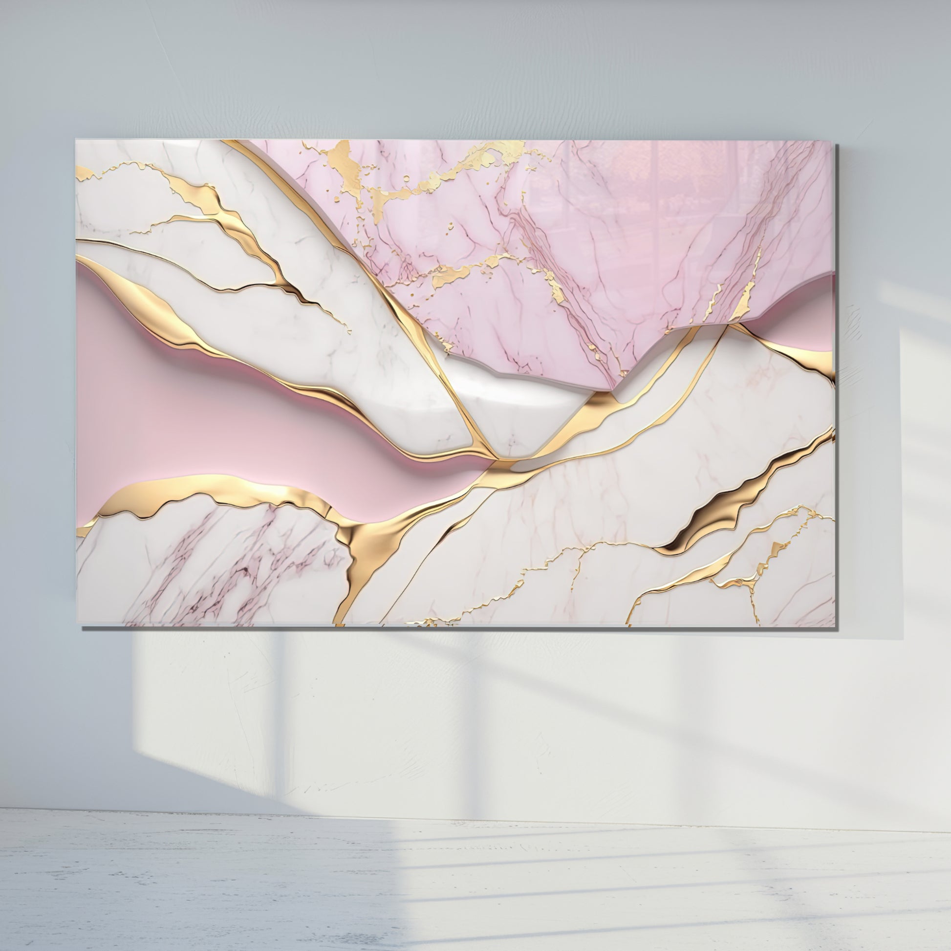 Pink Gold Marble Themed Tempered Glass Wall Art – Framed or Frameless - Luxury Glossy Panel -Stained Glass Wall Art - Marble Themed Glass Backsplash