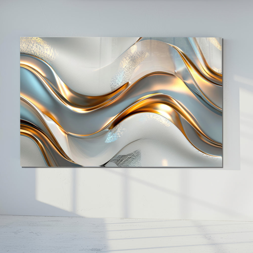 Silver Metallic Abstract Tempered Glass Painting, Modern 3D Wall Decor, Stylish and Luxury Glass Artwork