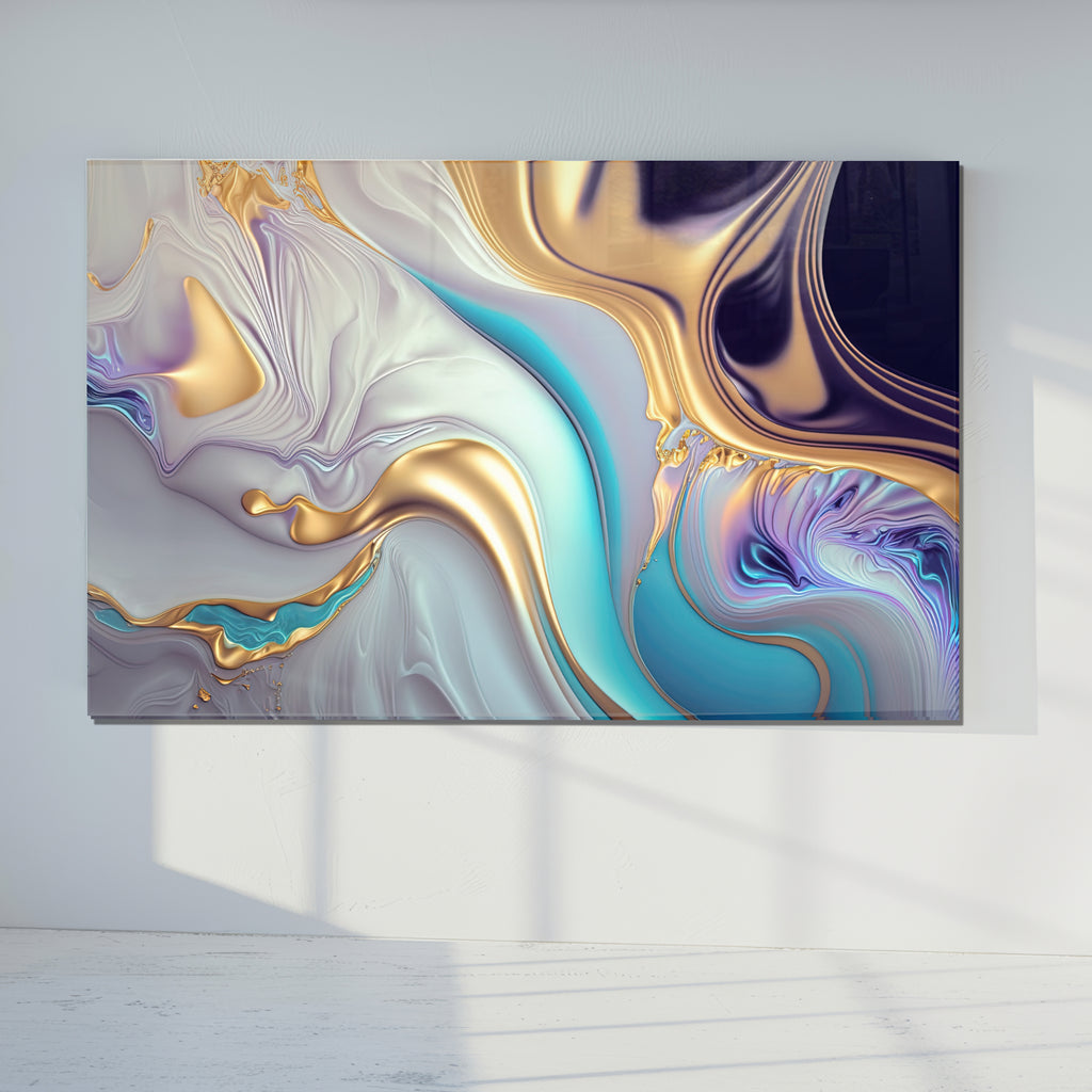 Gold Abstract Chrome Glass Wall Art – Metallic Fluid Design on Tempered Glass