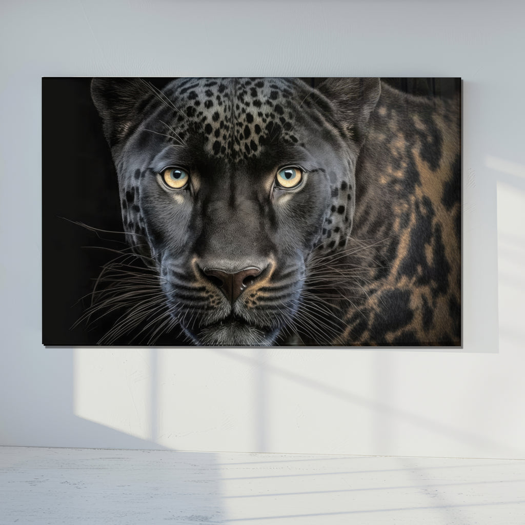 Black Leopard Wall Art – Wild Animal Portrait on Tempered Glass Panel