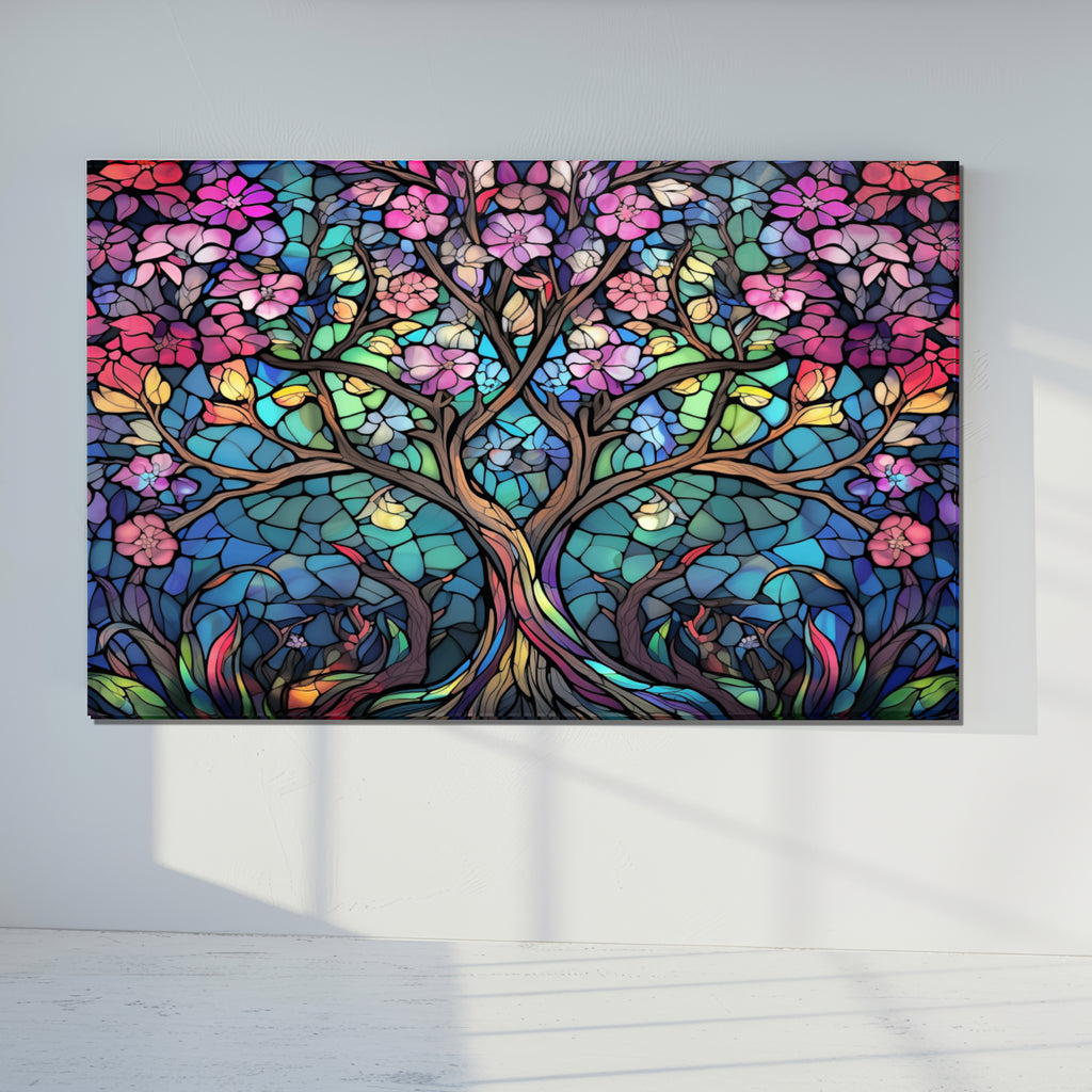 Tree of Life Stained Glass Wall Art – Colorful Floral Tempered Glass Panel