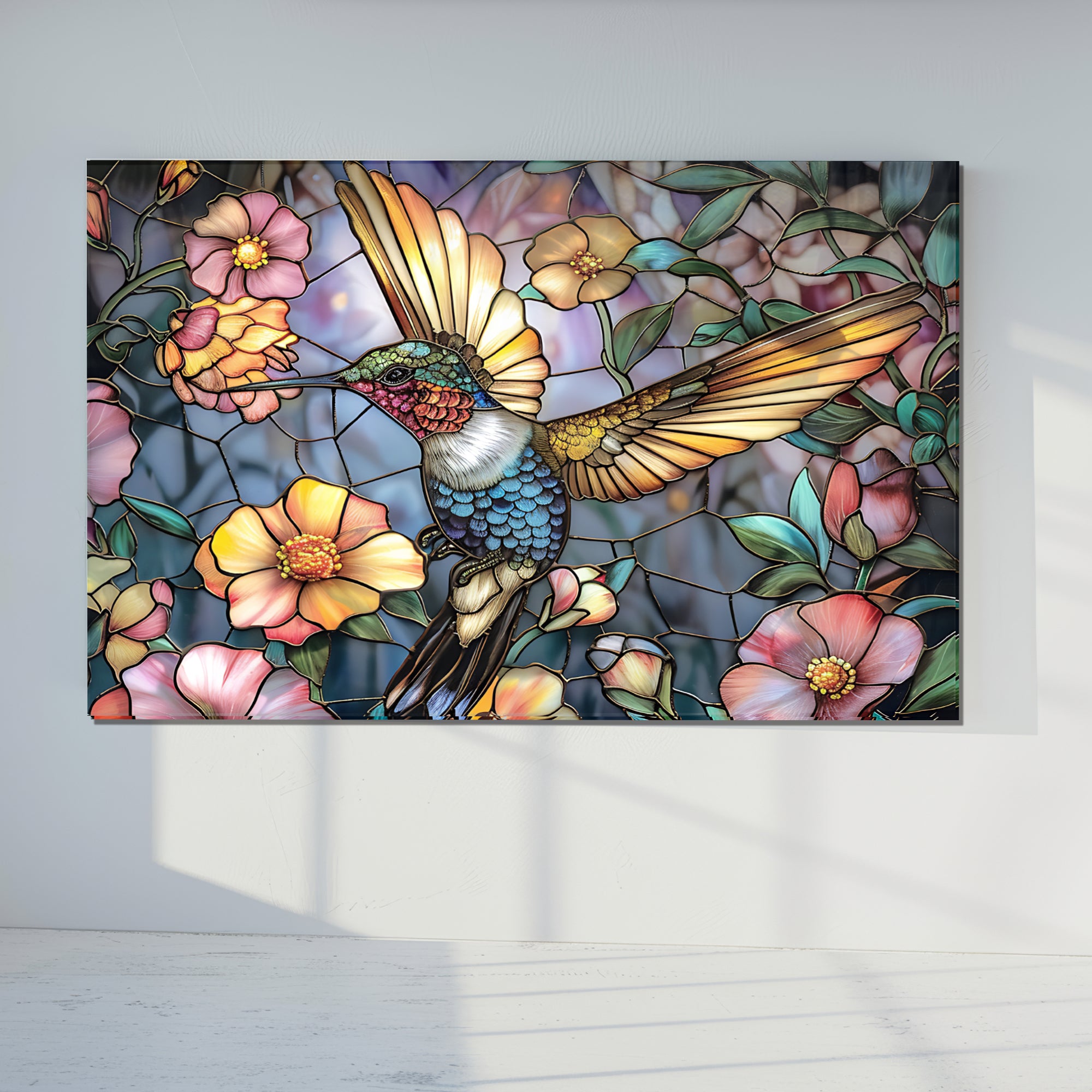Sinek Kuşu ve Çiçekler Temalı Vitray Görünümlü Temperli Cam Tablo – Renkli Doğa Duvar Dekoru