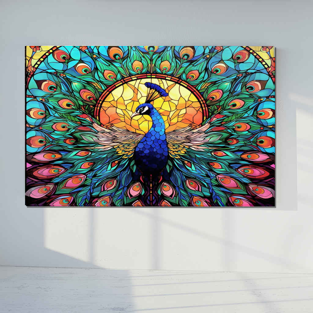 Peacock Stained Glass Wall Art – Vibrant Tempered Glass Panel with Colorful Feathers