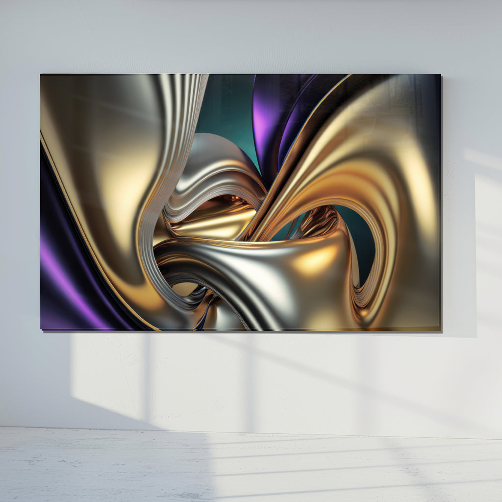 Gold &amp; Purple Abstract Glass Wall Art – Luxury Metallic Fluid Design on Tempered Glass