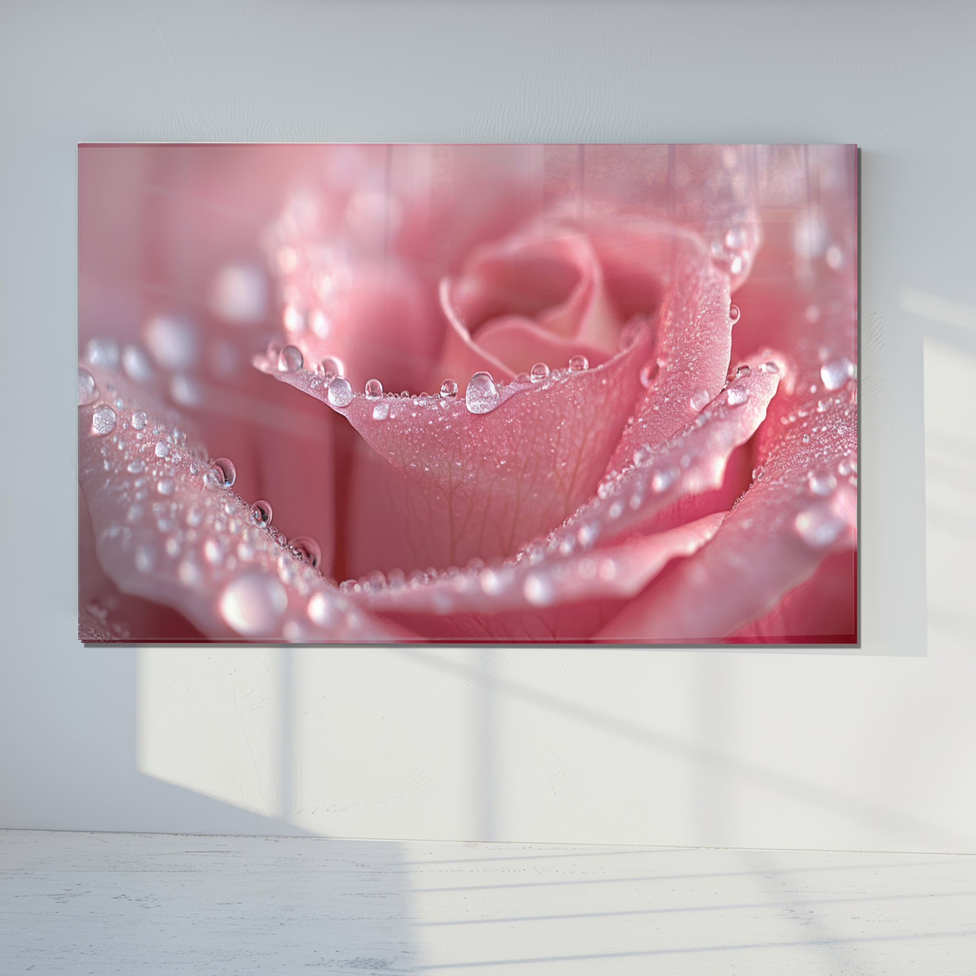 Pink Rose Macro Wall Art – Dew Drop Floral Tempered Glass Panel