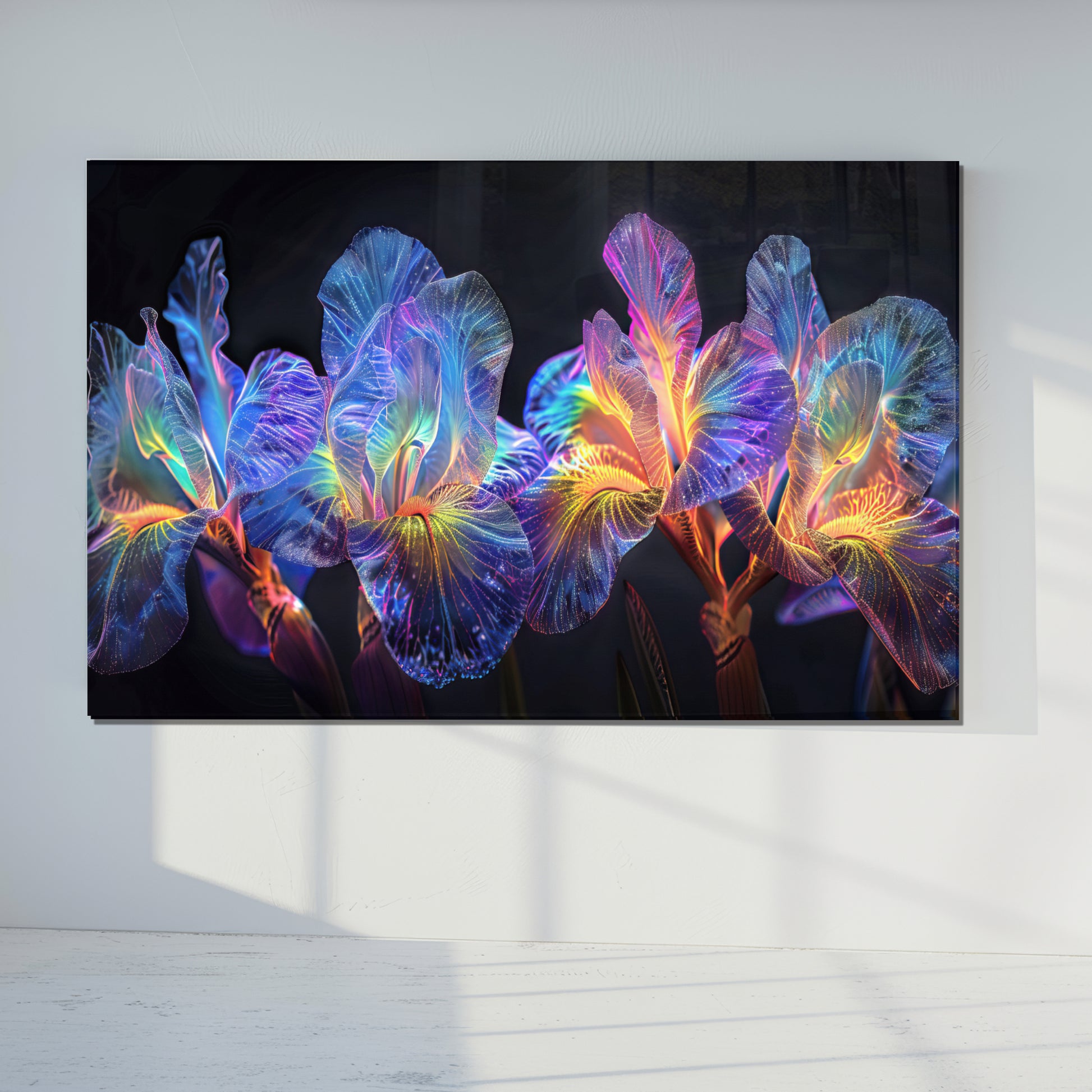 Rainbow Neon Iris Glass Wall Art – Glowing Colorful Floral Design on Tempered Glass