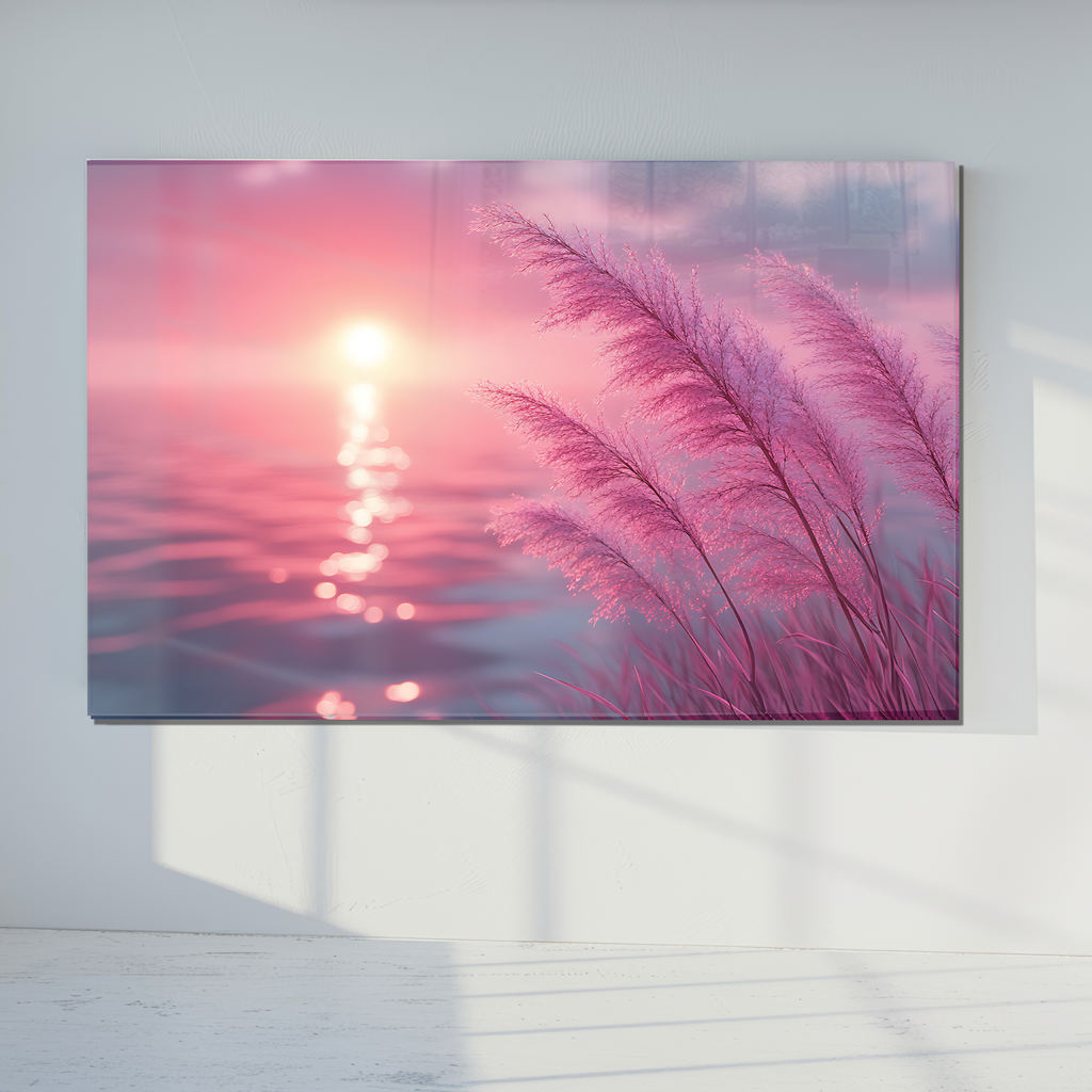 Pembe Gün Batımı ve Sazlık Manzara Temperli Cam Duvar Tablosu – Modern Ev Dekoru